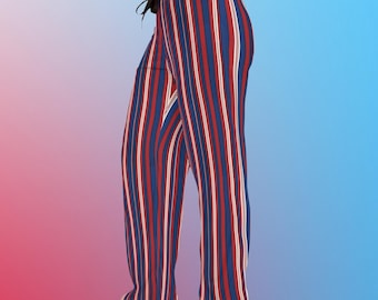 Pantalones de pijama a rayas rojas, blancas y azules con estampado patriótico: ropa de dormir para mujer.