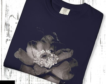 Monochrome Flower Custom Graphic T-shirt, comfort colors garment-dyed cotton shirt, unisex size, dark cottagecore, goth romance style