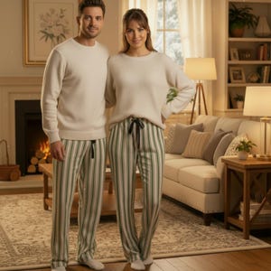Green Striped Pajama Pants: couples matching pajamas, lounge and sleepwear, men and women pjs