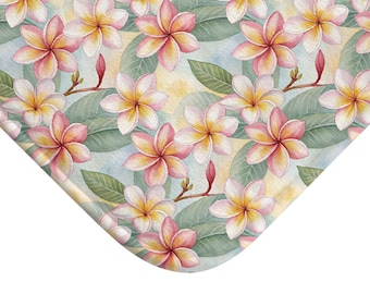 Tropical Floral Bath Mat, Plumeria Flower Bathroom Rug, island luxe home decor