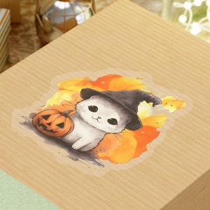 Pegatina de corte de beso de gato brujo, feliz Halloween, pegatina linda, caprichoso, otoño, decoración de otoño, gatito gótico pastel, regalo de Halloween, academia oscura