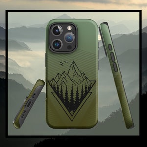 May include: A green phone case featuring a black mountain range design within a triangular frame. The case has a textured surface and a camera lens cutout.
