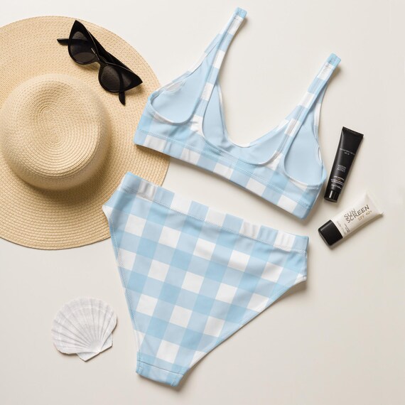 Baby Blue Gingham Coquette Swim Set, Eco-friendly Recycled High