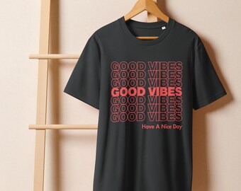 Unisex Organic Cotton Good Vibes Ribbed Neck T-shirt, Vintage Style Tee, Retro, Boho, Y2K, Inspirational, Positivity