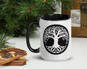 Levensboom mok, zwart-wit esthetische mok, heks cadeau, Witchy hippie, Whimsigoth, Nordic Gift, Keltische magie, Noors, zwart interieur
