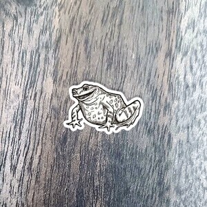 Könnte beinhalten: Eine Schwarzweiß-Zeichnung eines Frosches mit einem breiten Lächeln, der auf einem Holzmaserungshintergrund sitzt.
