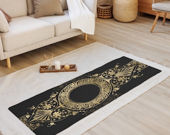 Esterilla de yoga hippie de estilo gótico y brujería / Esterilla de pilates bohemia / Negra, dorada / Tarot / Astrología / Estiramiento / Ejercicio / Alfombra / Corredor / Decoración de brujas