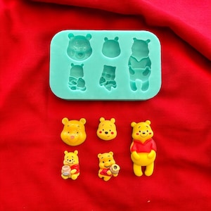 Silicone Cute Variety Cartoon Bear Flexible Mold (4 MATTE pieces and 1 shiny, quality silicone, uv resin mold, sizes are in THIRD PICTURE)