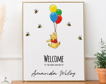 Bewerkbare Winnie de Poeh baby shower welkomstbord | Welkom bij bewegwijzering | Klassieke Pooh Bear welkomstbord Instant sjabloon | Geslachtsneutraal