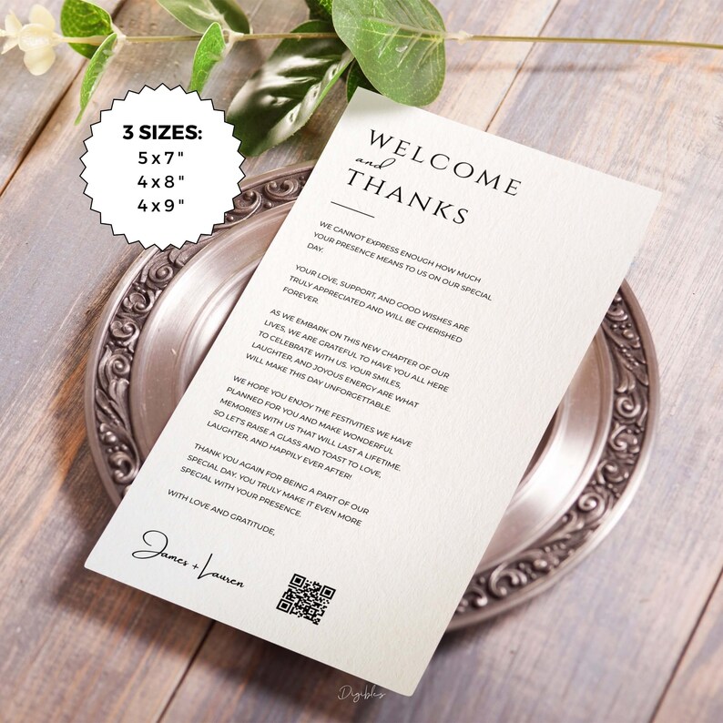 Editable Wedding Thank You Card With QR Code Thank You Place Card