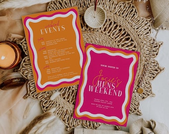 Hens Weekend Invitation with Wavy Border | Orange & Pink Bachelorette Weekend Invite Itinerary | Hen Weekend Invite | Bachelorette Invite