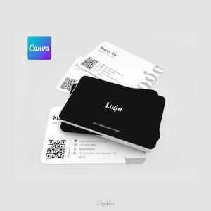 May include: Black and white business card mockup with a logo, contact information, and a QR code. The text on the card reads "Stacey Lee", "Marketing Manager", "www.mybusiness.com", "stacey@mybusiness.com", "-123-456-7890", "@mybusiness", "123 First Ave, San Francisco CA", and "94102".