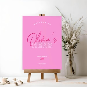 Signe de bienvenue de partie de poule rose | Mlle to Mrs Bridal Shower Welcome Sign | Modèle modifiable | Panneau de bienvenue
