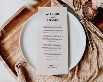 May include: A white card with black text that reads "Welcome and Thanks". The card has a message expressing gratitude for guests' presence at a wedding. The card is signed "James and Lauren".