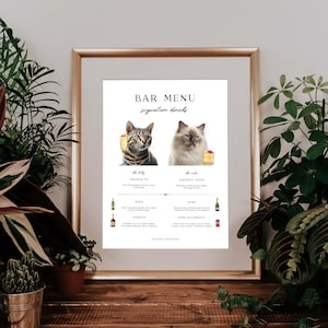 Bearbeitbares Katzen-Bar-Menüschild für Hochzeit | Barmenü-Vorlage für die Hochzeit mit Katzen | Hochzeits-Signatur-Getränkeschild