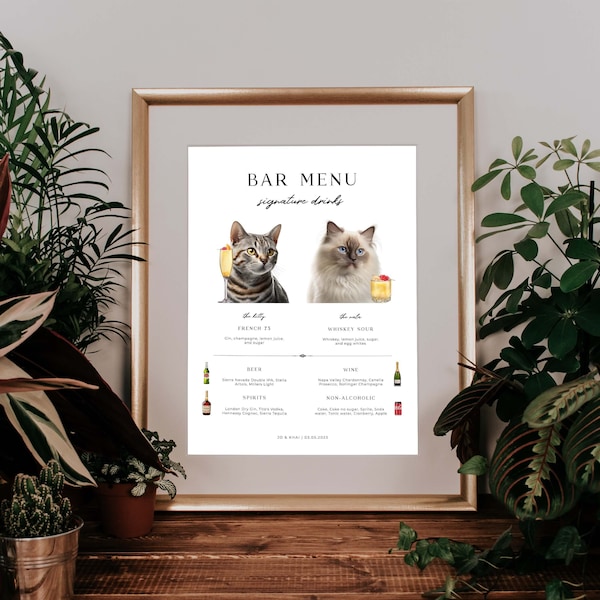 Bearbeitbares Katzen-Bar-Menüschild für Hochzeit | Barmenü-Vorlage für die Hochzeit mit Katzen | Hochzeits-Signatur-Getränkeschild