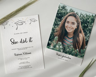 Invitación editable a la fiesta de graduación 2023 Descarga instantánea / Ella lo hizo Plantilla de tarjeta de invitación de anuncio de graduación PDF