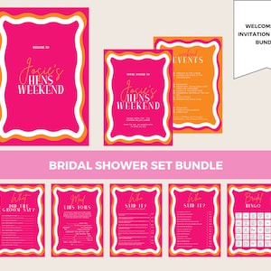 Bridal Shower Bundle Pink with Wavy Border | Bachelorette, Bridal Shower Welcome Sign | Hen Party Invitation | Bridal Shower Games