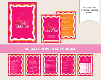 Bridal Shower Bundle Pink with Wavy Border | Bachelorette, Bridal Shower Welcome Sign | Hen Party Invitation | Bridal Shower Games