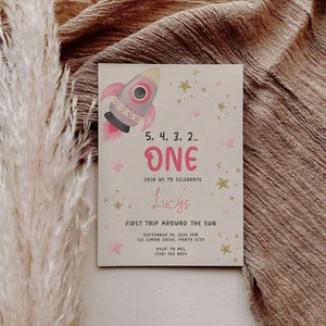 Editable First Trip Around The Sun Birthday Invitation | 1st Trip Around Sun | 1st Birthday Party Space Invitation | First Birthday Girl