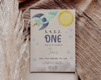 Editable First Trip Around The Sun Birthday Invitation | 1st Trip Around Sun | 1st Birthday Party Space Invitation | First Birthday Boy