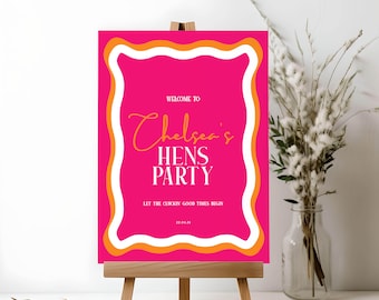 Wavy Hens Party Welcome Sign | Editable Bachelorette Party Welcome Sign Template | Retro Welcome To Signage