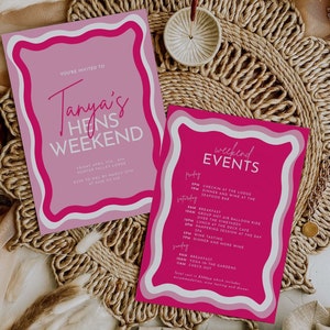Pink Hens Weekend Invitation with Wavy Border | Pink Bachelorette Weekend Invite Itinerary | Hen Weekend Invite | Bachelorette Invite