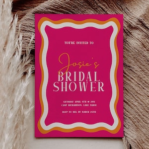 Retro Bridal Shower Invitation with Wavy Border | Orange & Pink Bachelorette Invite | Editable Bridal Shower Party Invite Template