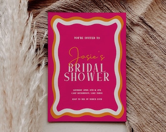 Retro Brautparty-Einladung mit gewelltem Rand | Orange & Pinke Bachelorette Invite | Bearbeitbare Brautpartyeinladungsvorlage