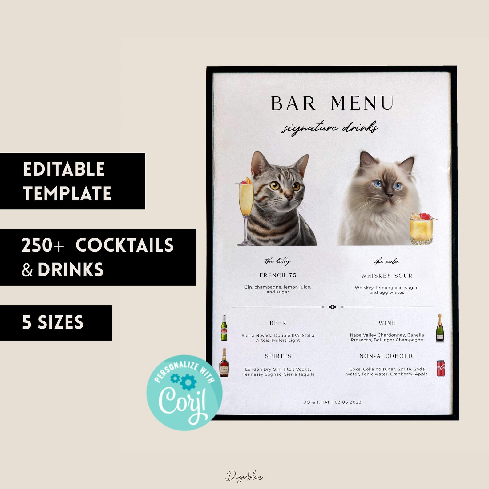 Editable Cat Bar Menu Sign for Wedding Cat Wedding Bar Menu Template