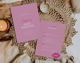 Pink Hens Weekend Invitation with Itinerary | Bachelorette Party Itinerary | Hen Weekend Invite | Bachelorette Itinerary Template Invite