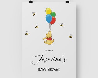 Modelo editável de placa de boas-vindas para chá de bebê do Ursinho Pooh | Bem-vindo à sinalização | Sinal de boas-vindas clássico do urso Pooh | Gênero Neutro