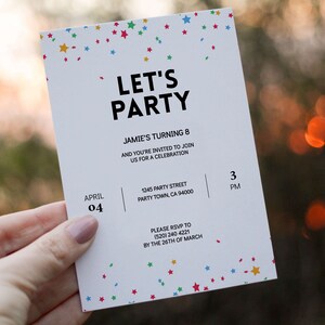 Editable Confetti Party Invitation Template | Colorful Let's Party Birthday Party Invite | Simple Invitations Template