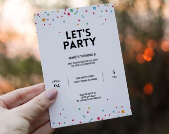 Editable Confetti Party Invitation Template | Colorful Let's Party Birthday Party Invite | Simple Invitations Template