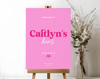 Bearbeitbares Fräulein Mrs Sign in Pink | Junggesellinnenabschied Willkommensschild Vorlage | Brautparty von Fräulein zu Frau Willkommensschild