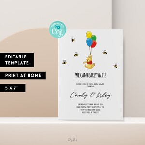 Editable Winnie The Pooh Baby Shower Invitation | We Can Bearly Wait Baby Shower Invitation Printable Template | Classic Winnie The Pooh