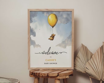 Modelo editável clássico do sinal de boas-vindas do chá de fraldas do Ursinho Pooh | Decoração de chá de bebê | Sinal de boas-vindas clássico do urso Pooh | Gênero Neutro