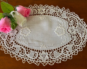 Vintage Linen White Work Embroidered Table Doily