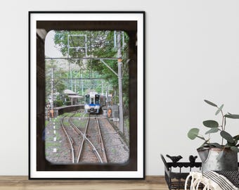 Japan Railway Station Print – Mountain Train Through Window Frame, Scenic Japanese Countryside Wall Art