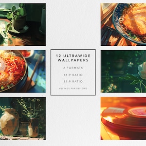 May include: A collage of 12 ultra-wide wallpapers featuring various scenes, including a bowl of green tea, a bowl of bibimbap, a bowl of ramen, a white flower, and a record player. The text "12 ULTRAWIDE WALLPAPERS" is in the center of the collage.
