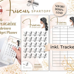 May include: A printable A6 size budget planner for hair appointments. The planner has a pink and white background with gold accents. It includes a tracker with columns for date, plus or minus, and sum. The planner also includes a sheet of stickers with scissors and combs.