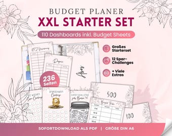 Planificador de presupuesto XXL (Descarga en PDF) | 110 portadas + hojas de presupuesto, retos de ahorro y marcadores de posición A6 | Cashstuffing Digital