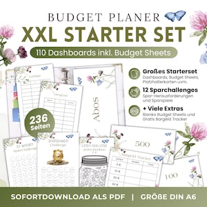 Set iniziale per pianificatore di budget XXL Scarica PDF | 110 copertine + fogli budget, sfida risparmio, inserti segnaposto A6 | Cashstuffing digitale
