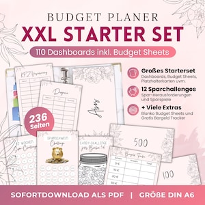 Set iniziale per pianificatore di budget XXL Scarica PDF | 110 copertine + fogli budget, sfide risparmio, inserti segnaposto A6 | Cashstuffing digitale