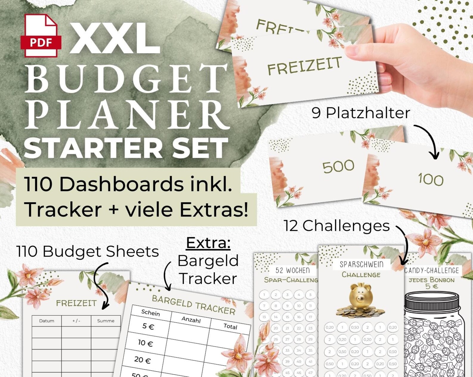 Budget Planer XXL Starter Set PDF Download 110 Deckblätter Budget Sheets, Sparchallenges