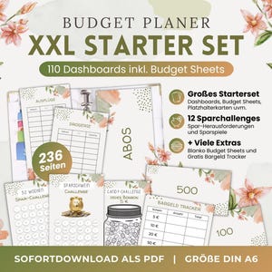 Set iniziale per pianificatore di budget XXL Scarica PDF | 110 copertine + fogli budget, sfide risparmio, inserti segnaposto A6 | Raccoglitore di budget digitale