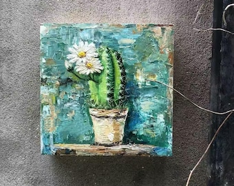 Pintura al óleo original de cactus sobre madera. Pequeña decoración botánica de pared. Arte de pared con plantas verdes. Pintura al óleo. Regalo para el hogar pintado a mano.