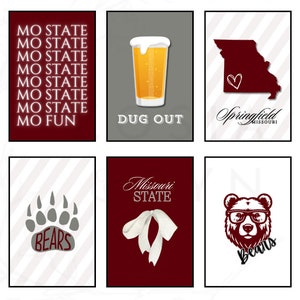 Impresiones universitarias - Digital / Arte universitario / Mascota, Bar, Estado / Carteles de decoración de dormitorios / Missouri State Springfield MSU