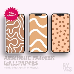 Può includere: Tre mockup di telefono che mostrano diversi motivi estetici. I motivi sono linee ondulate marroni e bianche, linee ondulate marroni e bianche e pois marroni su uno sfondo marrone chiaro. Il testo "Aesthetic Pattern Wallpapers" è sotto i mockup. Il testo "Multiple designs in one pack" è sotto il testo "Aesthetic Pattern Wallpapers". Il testo "By Ves" è nell'angolo in basso a destra.