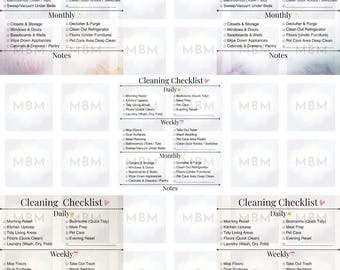 Puede incluir: Lista de verificación de limpieza con tareas diarias, semanales y mensuales. Incluye secciones para el reinicio matutino, el mantenimiento de la cocina y la colada. Presenta un corazón rosa y el texto "Cleaning Checklist".